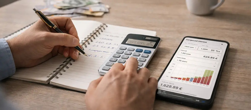 egy férfi számológépen számol jegyzetfüzet mellett, miközben a telefonján pénzügyi online kalkulátor grafikonja látható